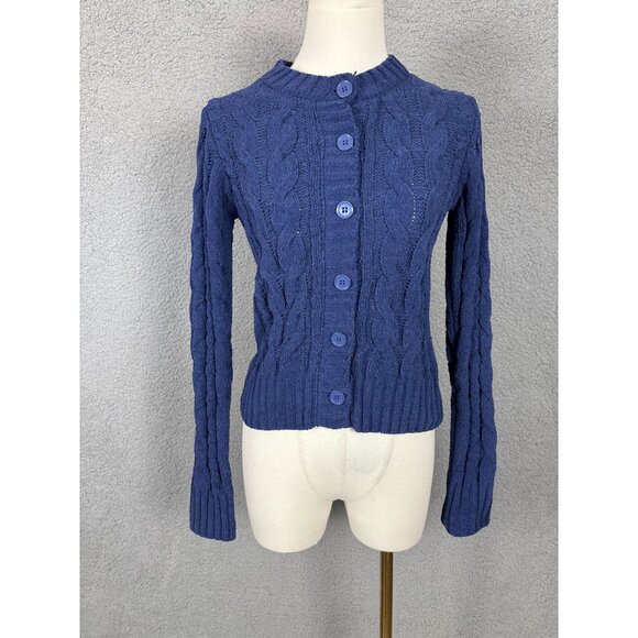 Hippie Rose  Junior Cable Knit Button-Up Cardigan Sweater Deep Cobalt  XS NWT's - Picture 2 of 8